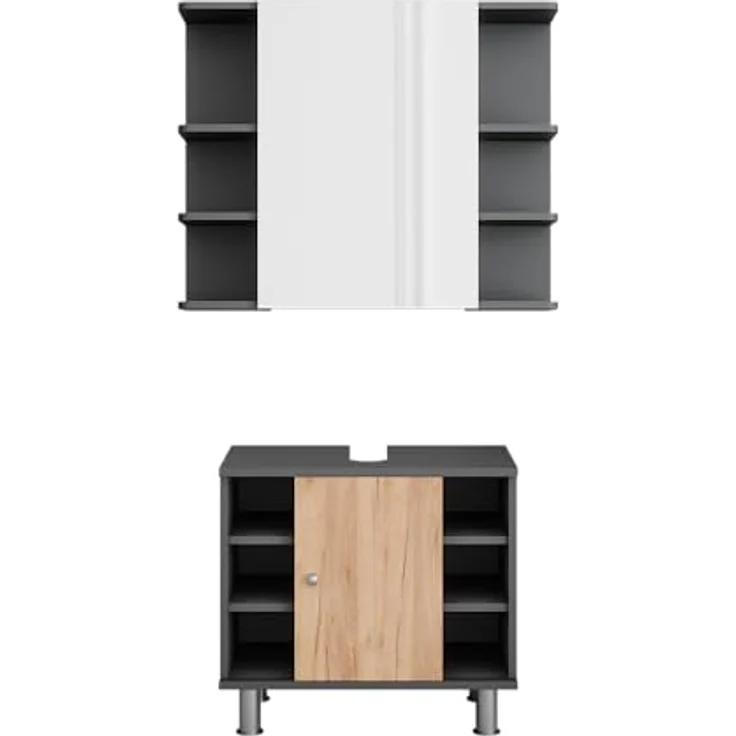 Vichy Badmöbelset Fynn, Waschbeckenunterschrank und Spiegelschrank in Anthrazit/Goldkraft Eiche, 2 Teile – Bild 1