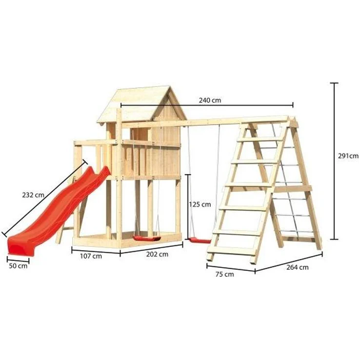 Karibu Kinderspielhaus Frieda Set Aktion2 naturbelassen mit Anbau, Doppelschaukel, Klettergerüst und Rutsche rot – Bild 3