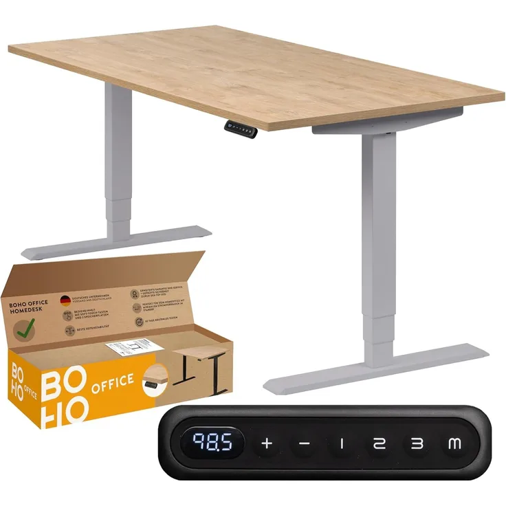 boho office® homedesk - elektrisch stufenlos höhenverstellbares Tischgestell in Silber mit Memoryfunktion, inkl. Tischplatte in 140x80 cm in Wildeiche