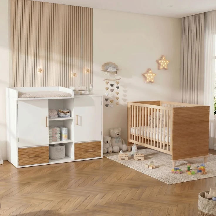 Merax Wickeltisch & Gitterbett Set, Babyzimmermöbel, Kinderzimmermöbel, Baby-Wickeltisch (114 x 53 x 92 cm), Wickelablage, abnehmbares Wickelgeländer, Babybett (70 x 140 x 87 cm), natur – Bild 2