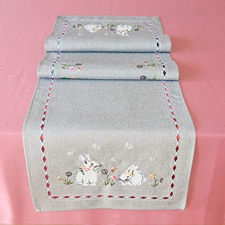texpot Tischdecke Tischläufer Stickerei Hasen Frühling Ostern Dekoration (1-tlg) – Bild 5