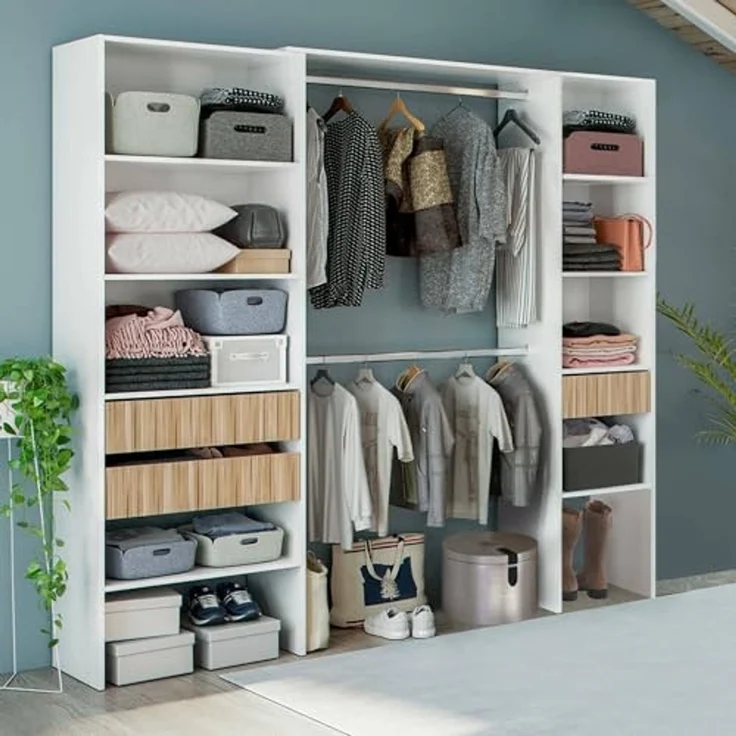 Dmora - Kleiderschrank Worland, Schlafzimmermöbel, Kleiderbügel mit Regalen und 3 Schubladen, 196 x 40 x 187 cm, Weiß und Eiche – Bild 1