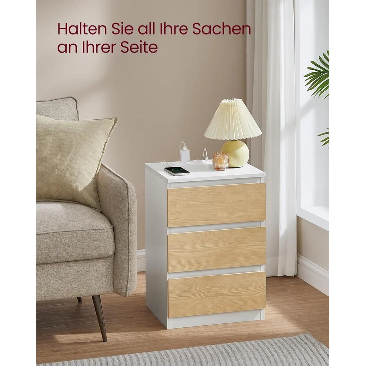 VASAGLE Nachttisch mit Steckdosenleiste, 2er Set, Beistelltisch, 3 Schubladen, 2 AC-Steckdosen, 2 USB-A-Anschlüsse, Wohnzimmer, Schlafzimmer, Arbeitszimmer, modern, wolkenweiß-mandelgelb LET831Y01 – Bild 7