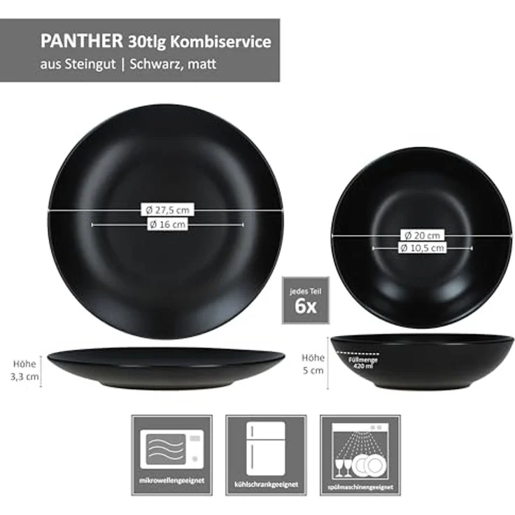 MamboCat Kombiservice 30tlg Kombiservice Panther Steingut 6 Personen Tassen Teller flach, Steingut – Bild 4