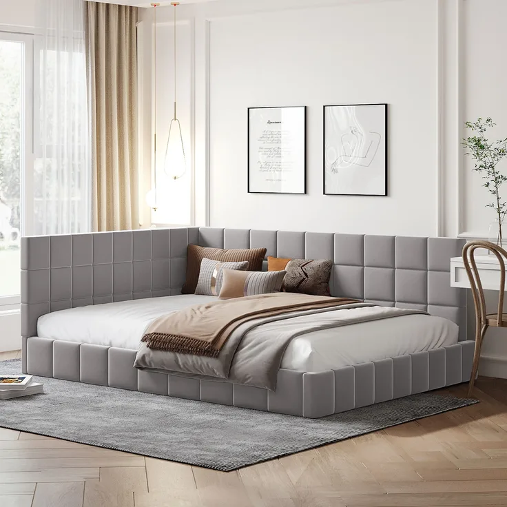 Polsterbett Schlafsofa, Multifunktionsbett mit Lattenrost, hautsympathischem Samtstoff, Grau, 140 x 200