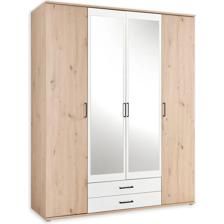 CHICAGO Eleganter Kleiderschrank mit viel Stauraum - Vielseitiger Drehtürenschrank in Artisan Eiche Optik und Absetzungen in Weiß - 159 x 197 x 54 cm (B/H/T)