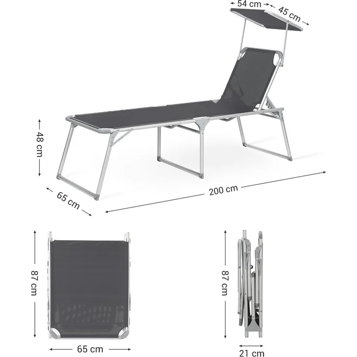 SONGMICS klappbare Sonnenliege, 65 x 200 x 48 cm, bis 150 kg belastbar, Liegestuhl, Gartenliege, extra groß, mit Sonnendach, Rückenlehne verstellbar, dunkelgrau GCB26GY – Bild 5