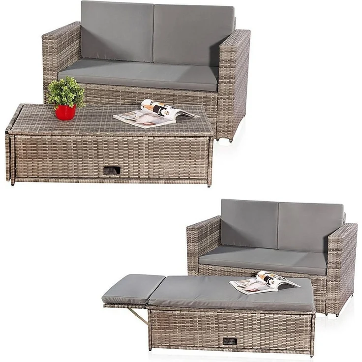 Feel2Home Gartenlounge-Set Polyrattan-Lounge mit Zweisitzer-Sofa und Ottomane mit Stauraum, (Set, 2-tlg, Sofa & Ottomane), Kissen inkl. Reißverschluss daher abnehm- und waschbar – Bild 1