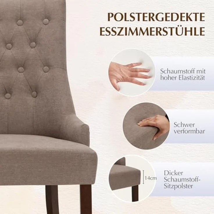 COLAMY Esszimmerstühle 4er Set, Moderne Küchenstuhl Gepolsterte Esszimmerstühle im Wingback, Polsterstuhl Wohnzimmerstuhl mit Knopfsteppung für Esszimmer, Küche, Restaurant mit Holzbeinen, Taupe – Bild 4