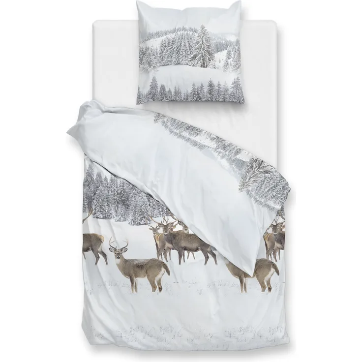 Zo! Home Flanell Bettwäsche 155x220 cm Cervo white Hirsch Wald Winter Bäume