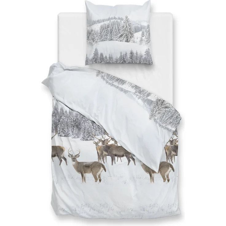 Zo! Home Flanell Bettwäsche 155x220 cm Cervo white Hirsch Wald Winter Bäume – Bild 1