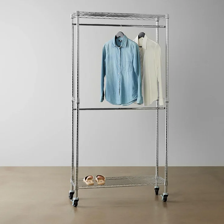Amazon Basics Doppel-Kleiderstange Offen mit Rädern und Höhenverstellbaren Regalen - Maximalgewicht 181 kg, Chromfarben, 91 cm L x 35,5 cm W x 183 cm H – Bild 6