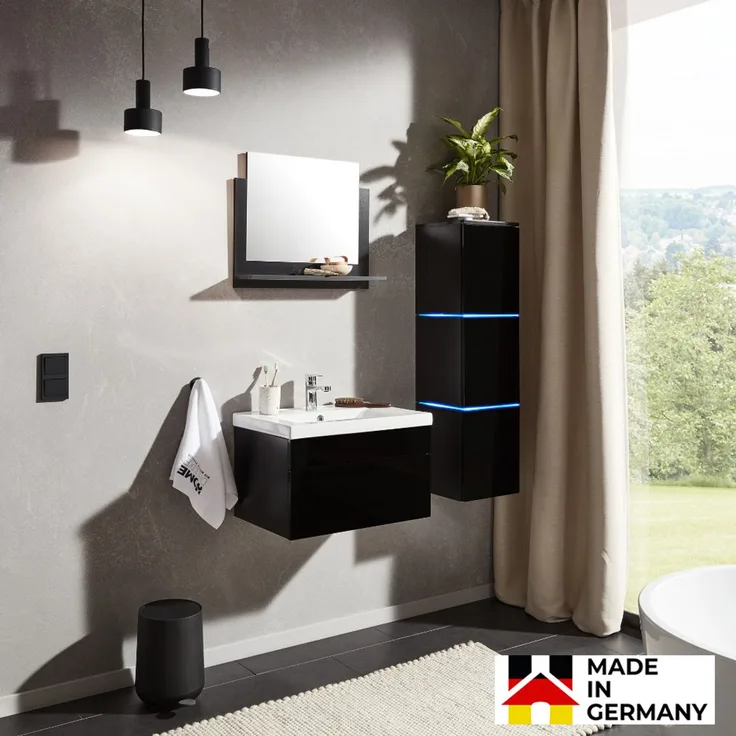 HOME DELUXE Badmöbel-Set 'WANGEROOGE - L' mit LED-Beleuchtung, Schwarz