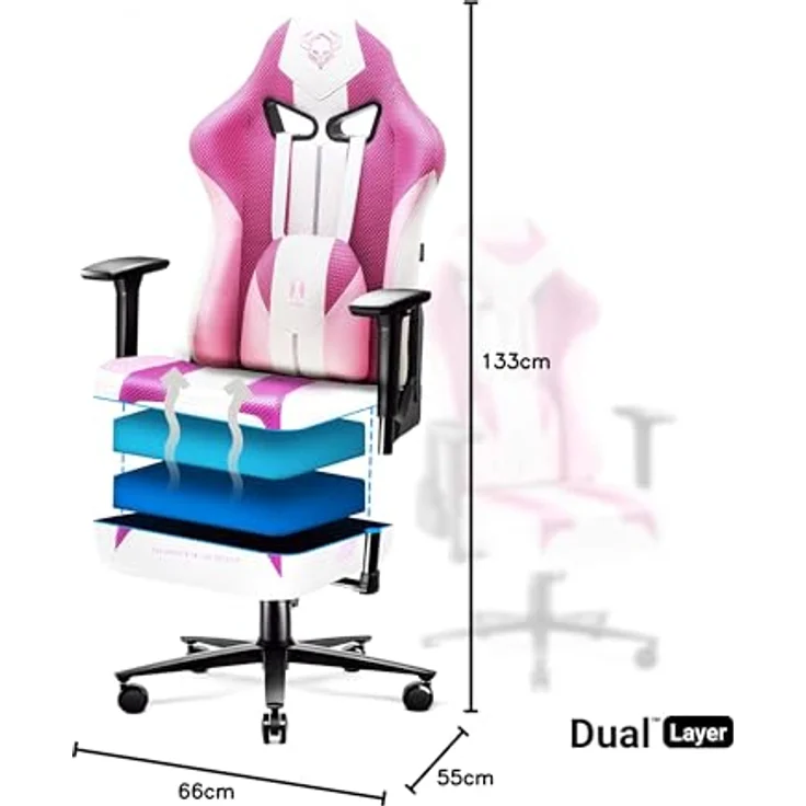 Diablo X-Player Gaming Stuhl Bürostuhl Schreibtischstuhl Stoff 3D Armlehnen Ergonomisches Design Nacken/- Lendenkissen Marshmallow Pink Normal (L) – Bild 4