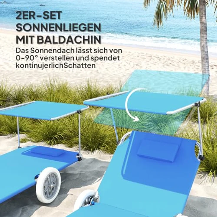 Outsunny 2er Set Sonnenliege, klappbare Gartenliege mit verstellbarem Kopfkissen und Sonnendach, blau, für Garten und Pool – Bild 4