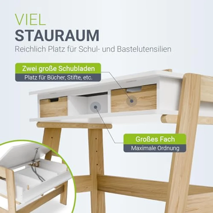 Juskys Kinder Schreibtisch Fietje Plus - neigungs- & höhenverstellbar, 2 Schubladen, robustes Material, viel Stauraum - Kinderschreibtisch aus Holz – Bild 7