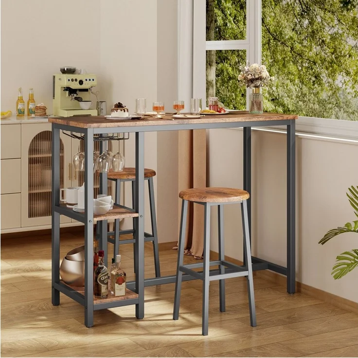 Blishom Bartisch Essgruppe mit 2 Barhockern, Küchentisch für Küche & Esszimmer, Das Weinregal ist zerlegbar, 120 x 40 x 90 cm – Bild 4
