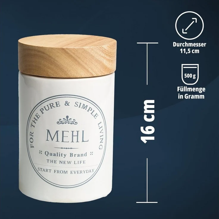 KHG Vorratsdose für Mehl aus Steinzeug mit Akazienholz‑Deckel – im Landhausstil, Steingut, Aufbewahrungsdose für Mehl – schützt Aroma da luftdicht verschließbar – Bild 3