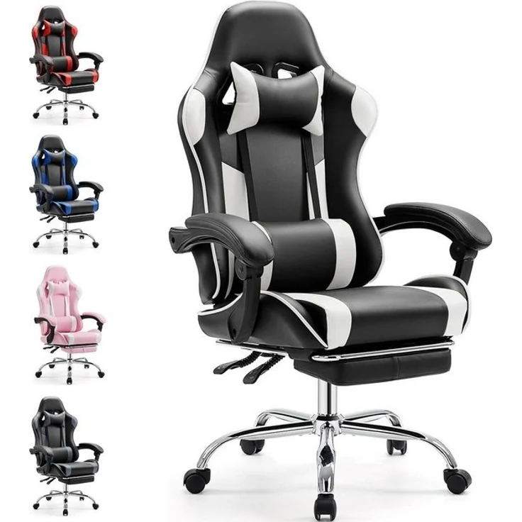 DUMOS Gaming-Stuhl Ergonomischer Bürostuhl mit Fußstütze, PU-Leder E-Sportstuhl, Gepolstert mit verstellbare Lendenkissen, Kopfkissen und Armlehnen – Bild 4