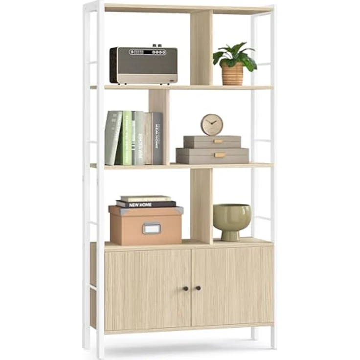 VASAGLE Bücherregal, Bücherschrank mit 4 offenen Regalebenen, Regal, Standregal, geräumiger Wohnzimmerschrank, Küche, Büro, Stahlgestell, modern, naturbeige-wolkenweiß LBC022LL01 – Bild 2