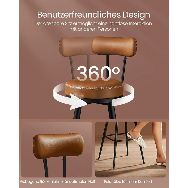 VASAGLE EKHO Kollektion - 360° drehbarer Barhocker, 2er Set, Hocker mit Rückenlehne für Kücheninsel, Kunstleder mit Nähten, Mid-Century-Modern-Stil, 65 cm hoch, Küche, Hausbar, karamellbraun – Bild 8
