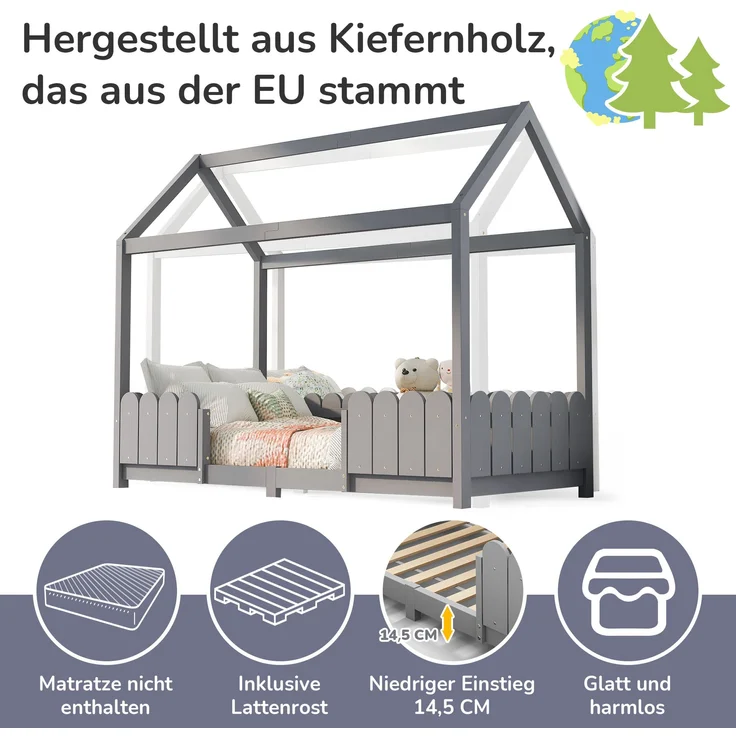 Bett 90x200 cm im Haus-Design mit Dach und Rausfallschutz – Kiefernholz, grau – Bild 3