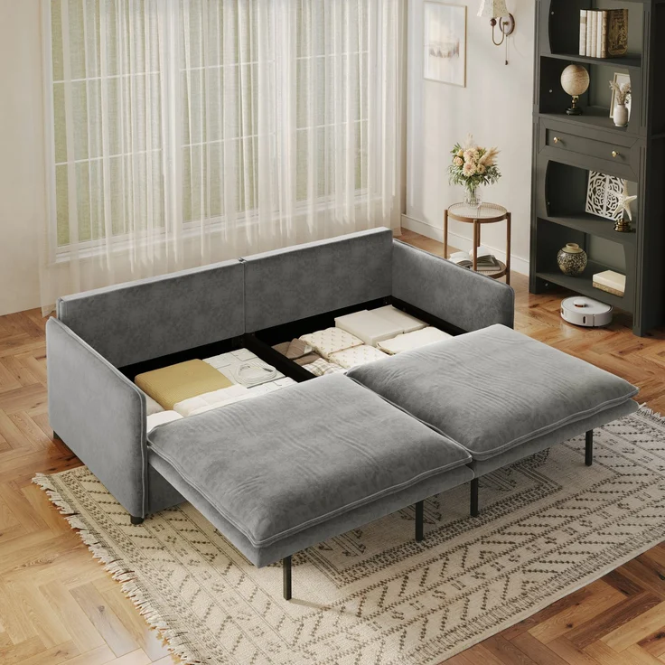 EINHOM 206 cm 3-Sitzer Chenille-Wolken-Sofa, 3-in-1 ausziehbares Schlafsofa mit Staufach, verstellbarer Rückenlehne, 2 beweglichen Armlehnkissen, geeignet für Wohnzimmer, Apartment, Schlafzimmer, hellgrau – Bild 6
