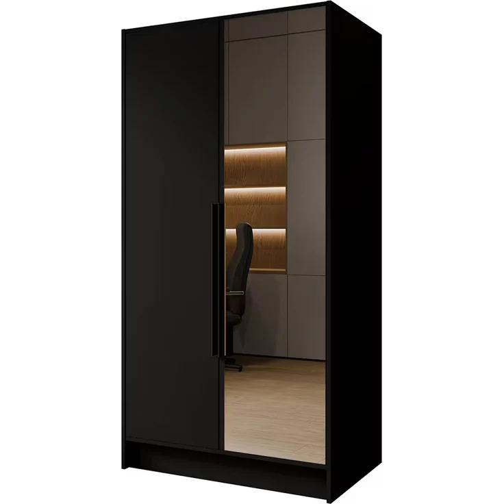 MEBLINI Kleiderschrank LUSINDA 100cm - Schwarz Matt - mit schwarzen Griffen - Drehtürenschrank mit einem Spiegel - Kleiderstangen und Regalböden – Bild 1