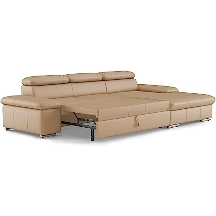 CAVADORE Leder-Schlafsofa Valerie mit XL-Longchair / Eckcouch mit Schlaffunktion, Kopfteilverstellung + großem Longchair / 286 x 73 x 174 / Echtleder Beige – Bild 4