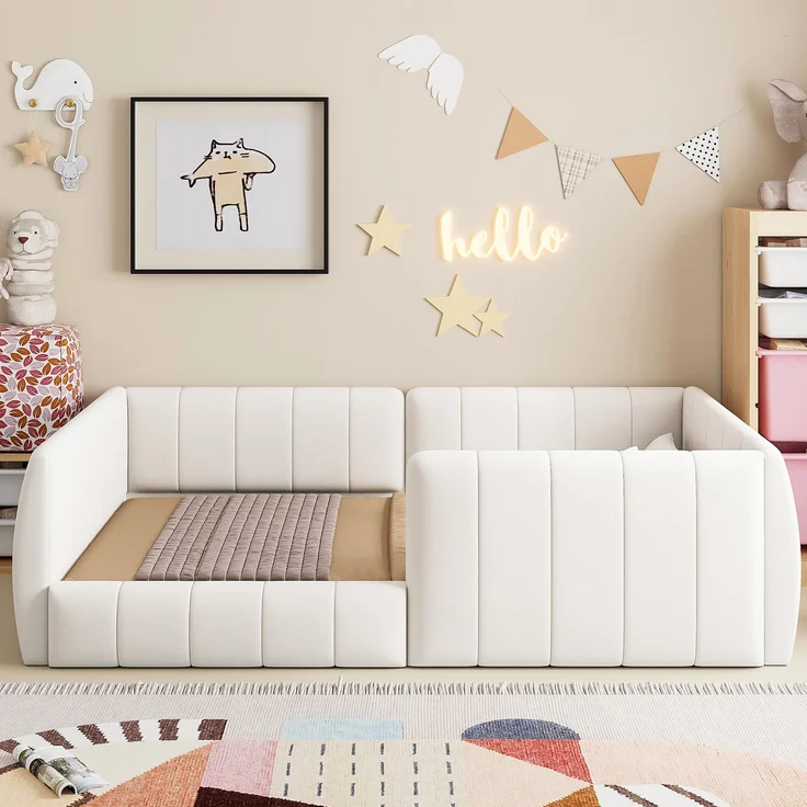 Merax Kinderbett 90 x 200cm Jugendbett, mit Sicherheitsgeländer, samt Beige – Bild 3