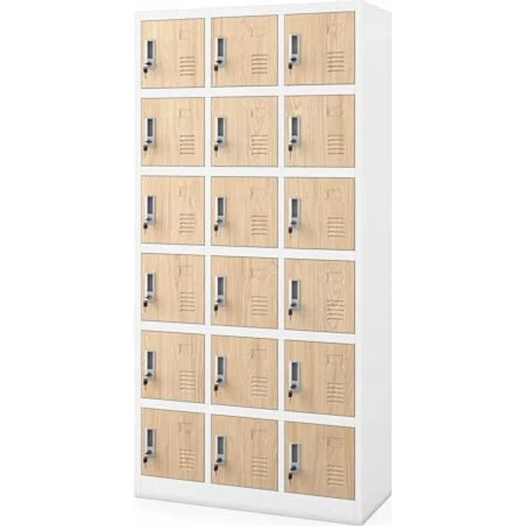 Jan Nowak Umkleideschrank 3B6A Fächerschrank Schließfachschrank mit 18 Fächern Metall Pulverbeschichtung 185 cm x 90 cm x 40 cm (Weiß-Holz) – Bild 4