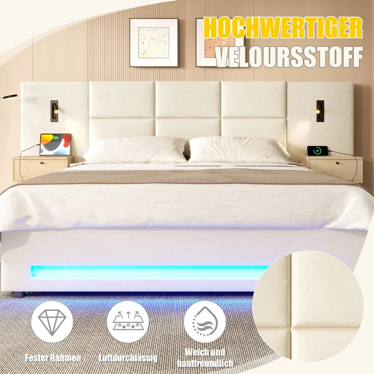 TavilaEcon Boxspringbett mit Samtkopfteil, praktischen Stauschubladen und LED-Nachtlicht beige Liegefläche 180 × 200 cm – Bild 5