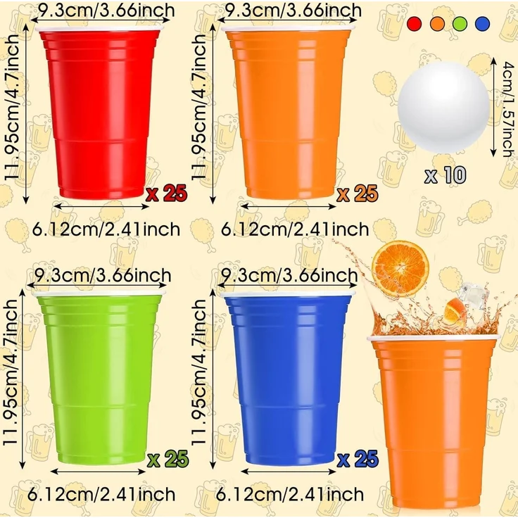 LATERN Bier Pong Becher, 100 Becher und 10 Bälle, Kunststoff rot, orange, blau & grün, 480 ml – Bild 4