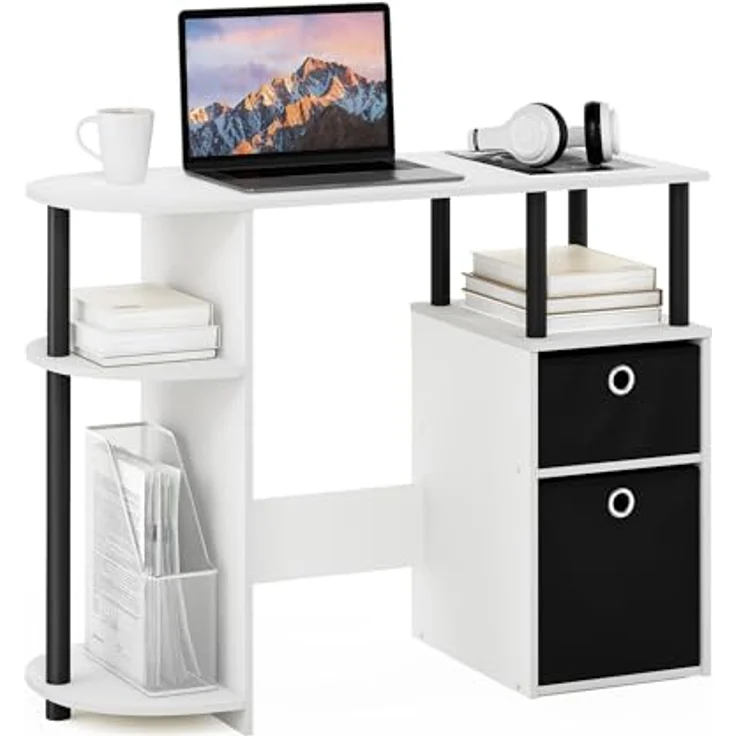 Furinno JAYA Simplistisch Computer-Schreibtisch mit Schubladen, Weiß/Schwarz/Schwarz – Bild 2