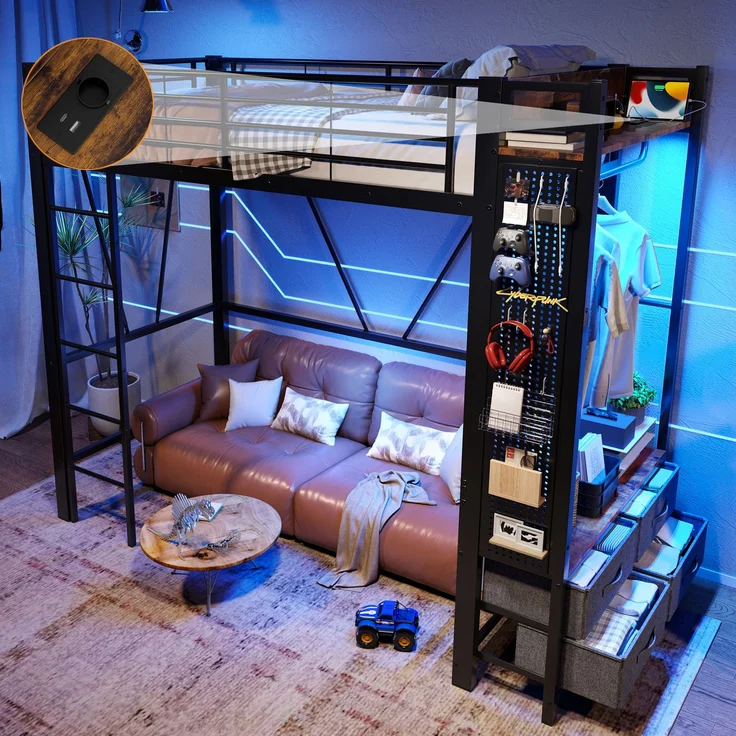 EINHOM Hochbett, 90 x 200 cm, Eisenrahmen, mit Trockenstab, mit Einlegeböden, 4 Schubladen, mit USB + Type-C, LED-Leiste, Geländer, Trittleiter, mit Lochbrett, Schwarz (Ohne Matratze) – Bild 3