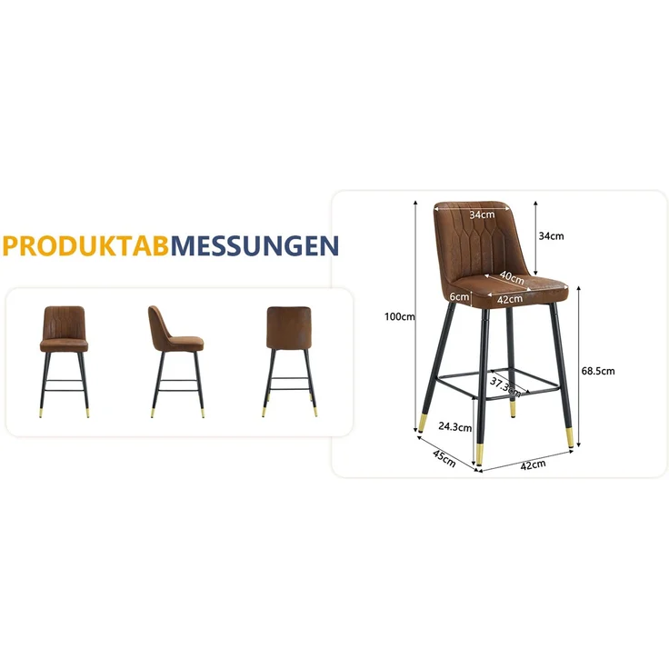 2er-Set Barhocker, 100 cm hoch, brauner Tech-Stoff mit schwarzem Metallgestell und bequemer Fußraste, In mehreren Farben erhältlich – die ideale Wahl für Ihre Hausbar.--Braun + Schwarz--42x45x100cm--YOUDENOVA – Bild 9