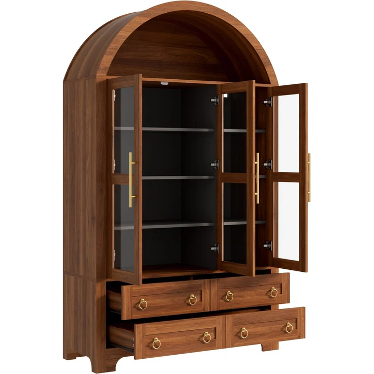 Flieks Vitrinenschrank, Hochschrank mit 3 Glastüren, 4 Schubladen & offener Bogennische, 110 x 40 x 185 cm, Walnussholzfarbe – Bild 6