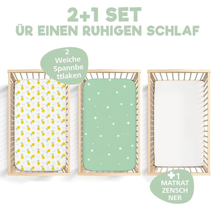 2X Spannbettlaken aus 100% Baumwolle mit Gummiband - 1X Matratzenschoner aus 100% wasserdichtem Material - 3er-Set - 50x83 cm - Zitrone – Bild 3