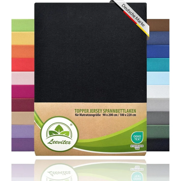 leevitex® Spannbettlaken, Premium 170g/m², Gummizug: rundum, schwer und dick, 100% Jersey-Baumwolle, Schwarz, Topper | 90 x 200 - 100 x 220 cm – Bild 1