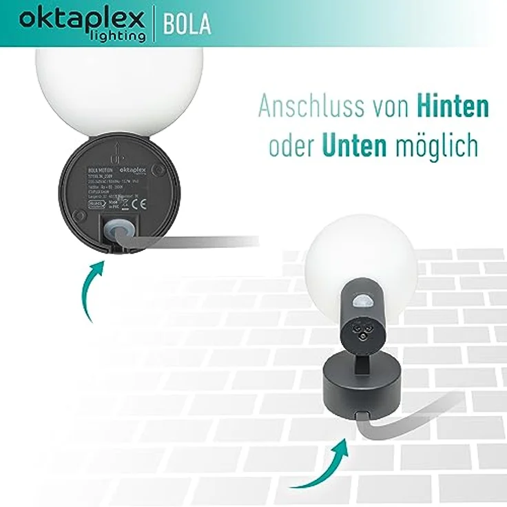 Oktaplex Bola LED Außenlampe, Wandleuchte mit Bewegungsmelder, IP65, 3000K warmweißes Licht, 360° Ausleuchtung, 1600lm, anthrazit – Bild 4