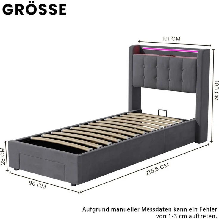STILVORA Polsterbett 90×200 mit bettkasten,Bettgestelle Boxspringbett mit USB & LED-Licht (Funktionsbett mit Fernbedienung, Gepolsterter Rand, Samtstoff, Metallrahmen, Kompfort, Grau), Jugendbett ohne matratze, Stauraumbett für verschiedene Raumstile – Bild 3