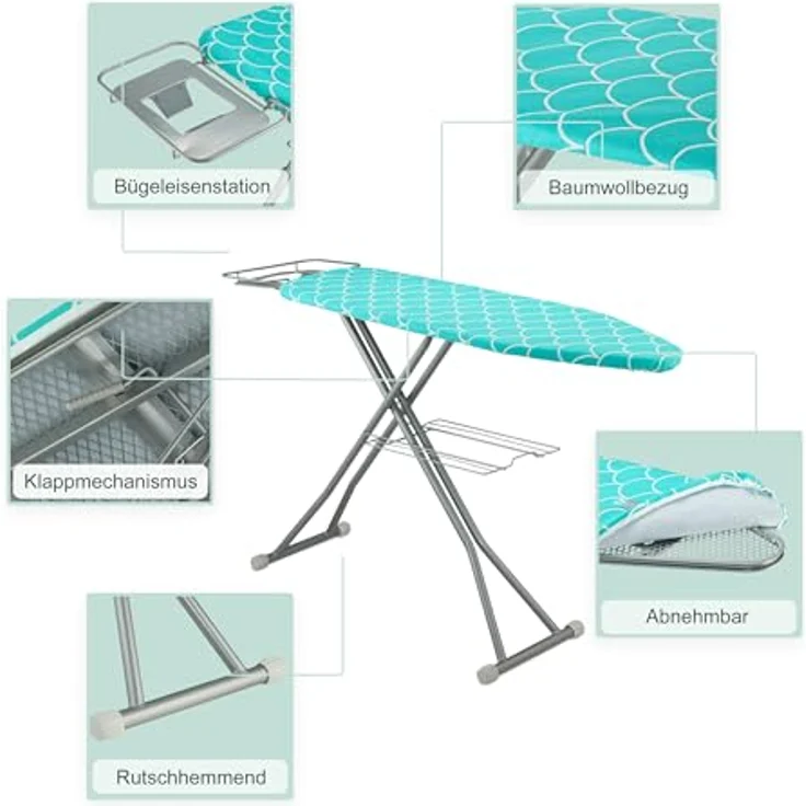 Relaxdays Bügelbrett für Dampfbügeleisen, 122 x 39,5 cm, höhenverstellbar in Türkis/Silber, klappbar mit Ablage – Bild 5