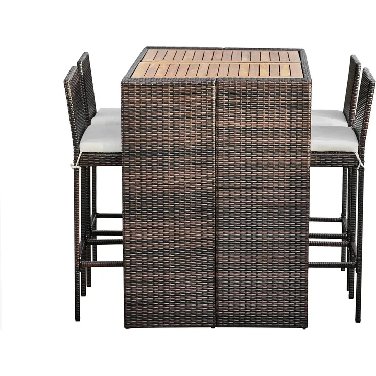 Teamson Home 5-teilige Rattan-Gartenmöbel für den Außenbereich, Stehtisch, Esszimmertisch & Stuhl-Set für Wintergarten mit Holzplatte