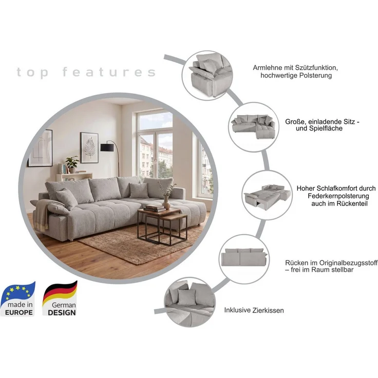COLLECTION AB Ecksofa Funtastic, Breite 213 cm, mit Schlaffunktion, Bettkasten, Armverstellung und Bonnelfederkern – Bild 3