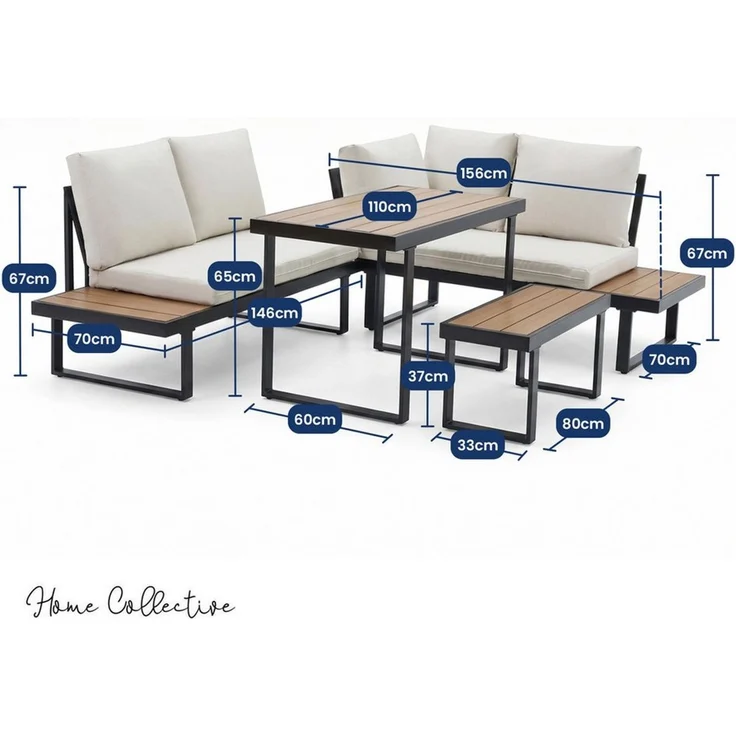 Home Collective Gartenlounge-Set Balkonmöbel Lounge Möbel Outdoor Terrassenmöbel Sitzgruppe mit Tisch, (4-teiliges Set mit Ecksofa, 1 Bank und 1 Tisch 110 cm, inkl. abziehbarer Kissen), robustes Polywood in Eiche/Schwarz, Kissen in beige – Bild 2