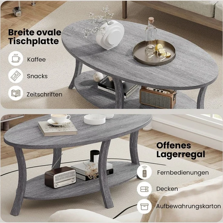 COSTWAY Couchtisch, ovaler Wohnzimmertisch mit Ablage, Holz – Bild 2