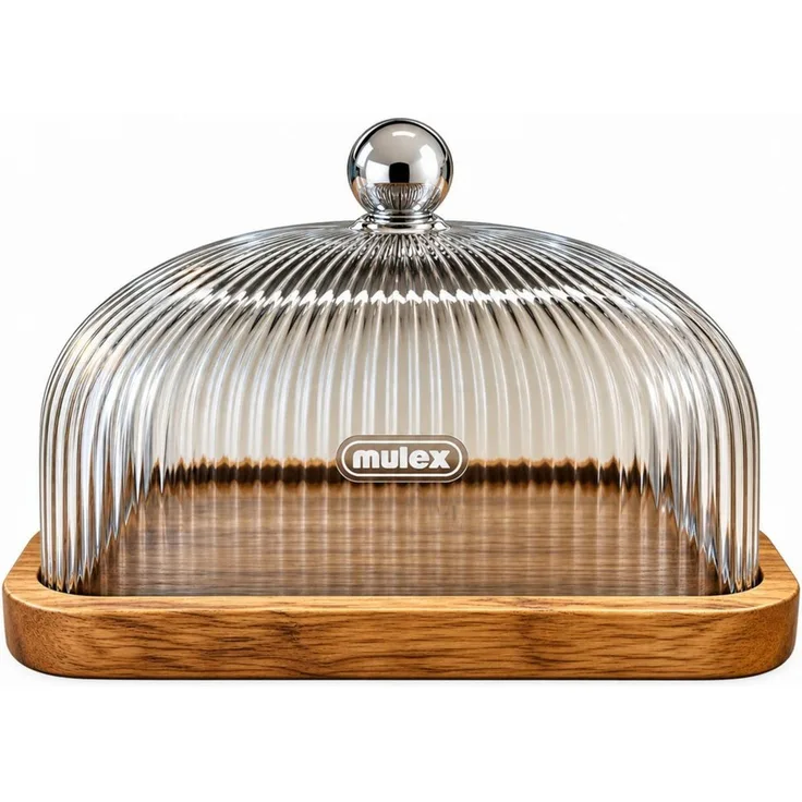 Mulex Butterdose mit Holzbrettchen, Holz und Glas, (geeignet für ein handelsübliches 250-g-Päckchen Butter, 2-tlg, Holzbrettchen, geriffelte Glashaube), nachhaltig & BPA-frei