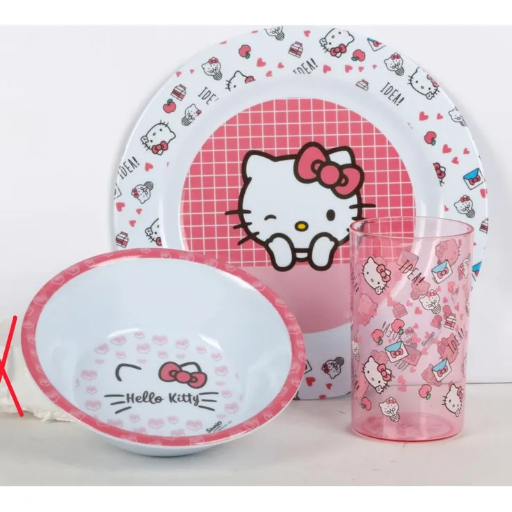 6x Kinder Geschirr Set Hello Kitty Frühstück Speiseteller Schüssel Trinkbecher