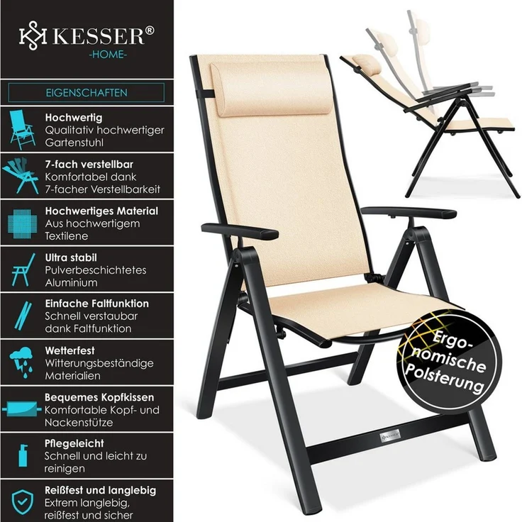 KESSER® Gartenstuhl Hochlehner mit Armlehnen | Aluminium Klappstuhl inkl. Kopfkissen Campingstuhl 7-Fach Verstellbar Rückenlehne | Atmungsaktiv & Wetterfest | Klappbar & Anti-Rutsch Beige, 1 Stück – Bild 2