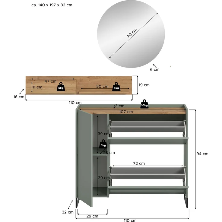 Garderobenkombination B/H/T: 197x140x32 cm in Salbei Nachbildung und Artisan Oak Nachbildung – Bild 4